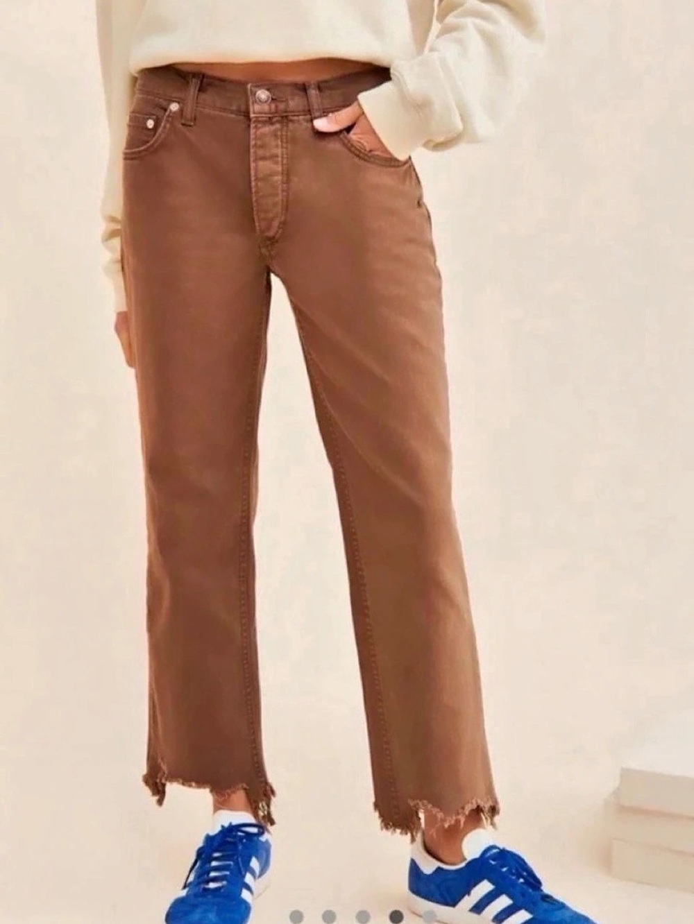 Free People We The Free Risk Maggie mid rise raw hem Jeans in Brown.